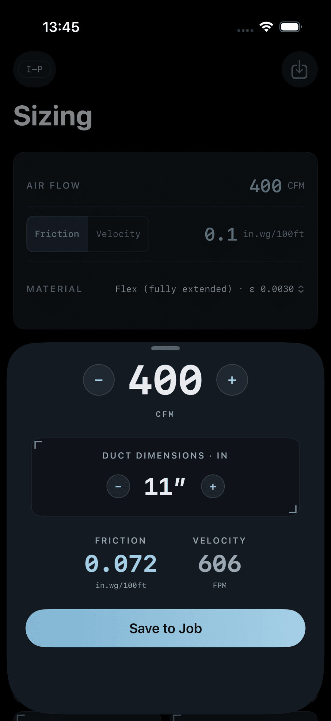 DuctSizer duct size detail sheet with friction and velocity readout