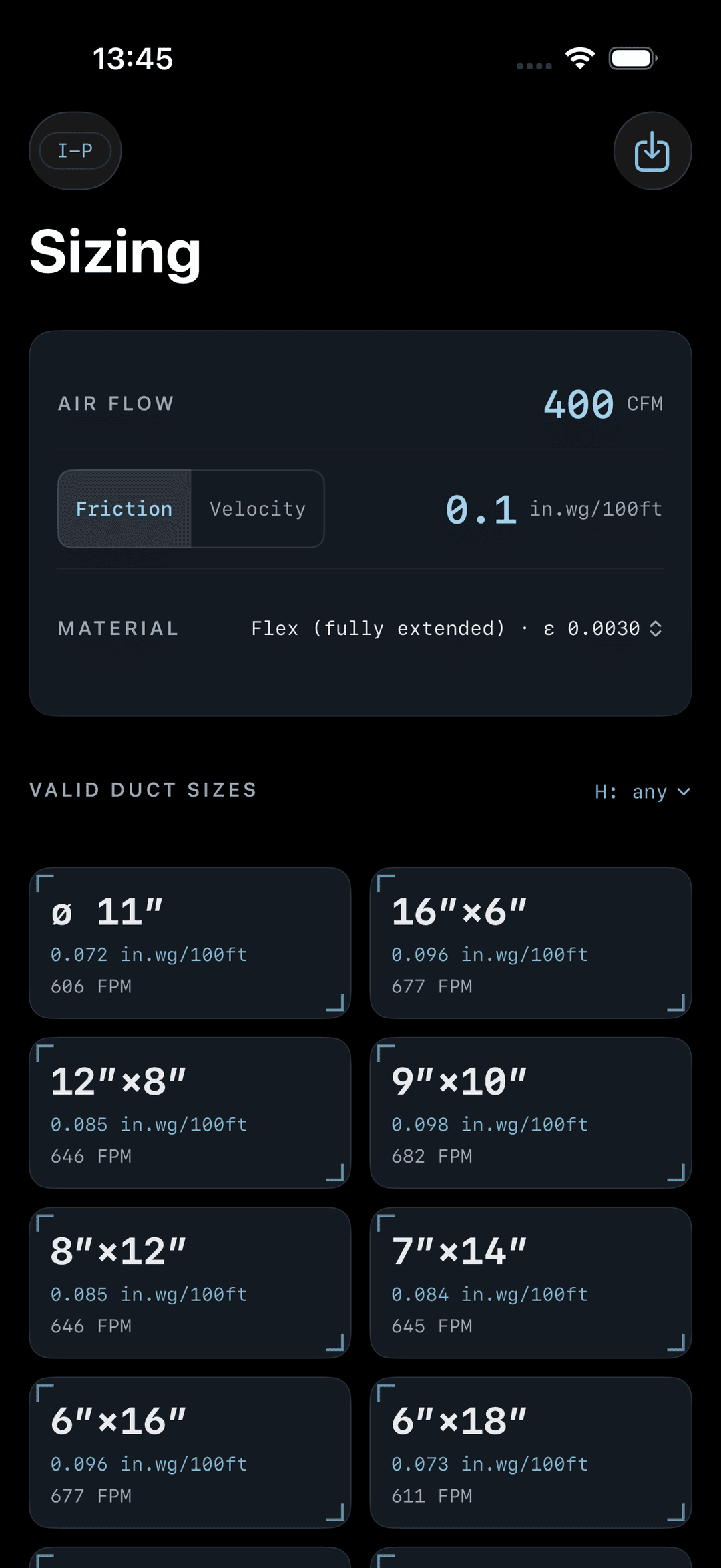 DuctSizer Sizing screen showing valid round and rectangular duct sizes for 400 CFM